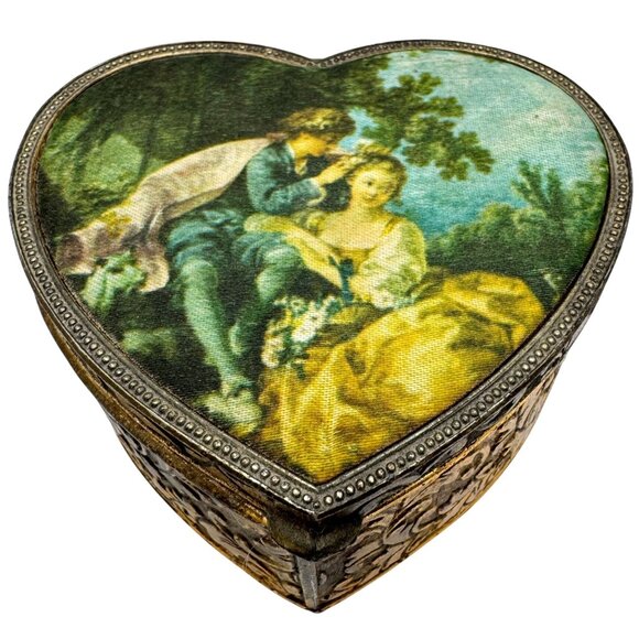 Schmid Bros Vtg Heart-Shaped Metal Trinket Box Silk Art Lid "Spring" By Boucher - Picture 1 of 10